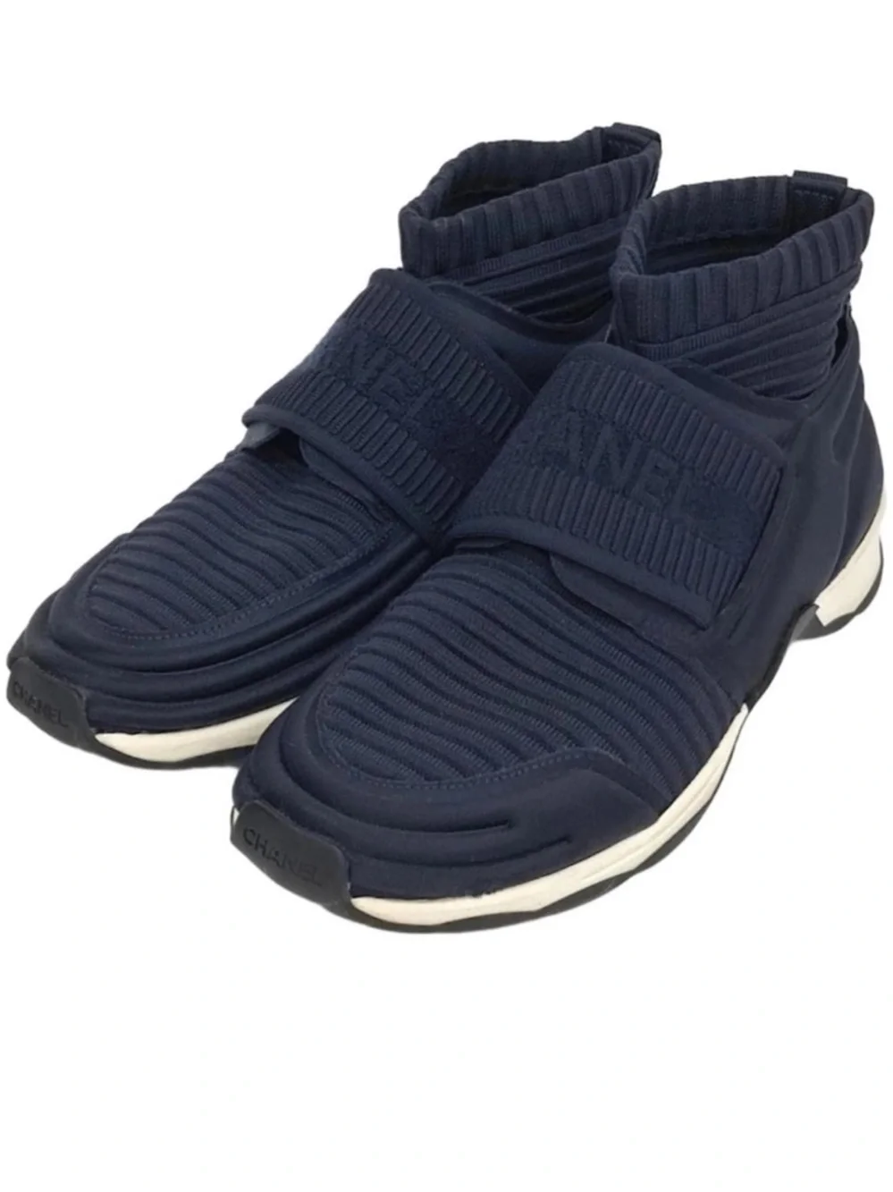 CHANEL Dark Blue Knit High-Top Sneakers
